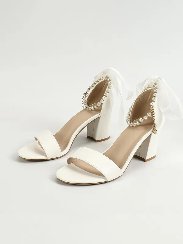 Faux Pearl Bow Strap Open Toe Chunky Heel Wedding Sandals sold by Allegra K