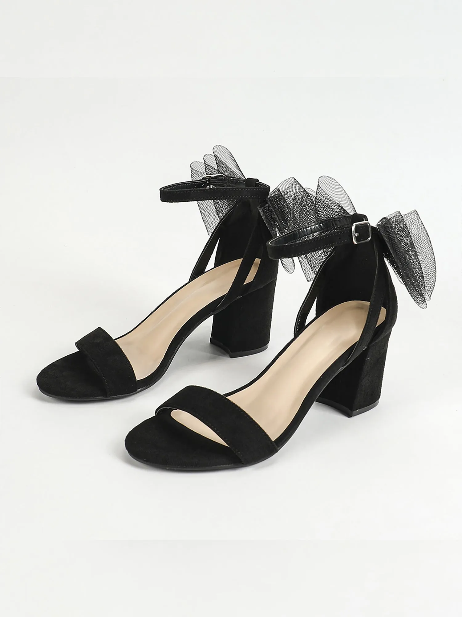 Open Toe Mesh Bow Decor Faux Suede Thick Heel Sandals sold by Allegra K product image thumbnail 5