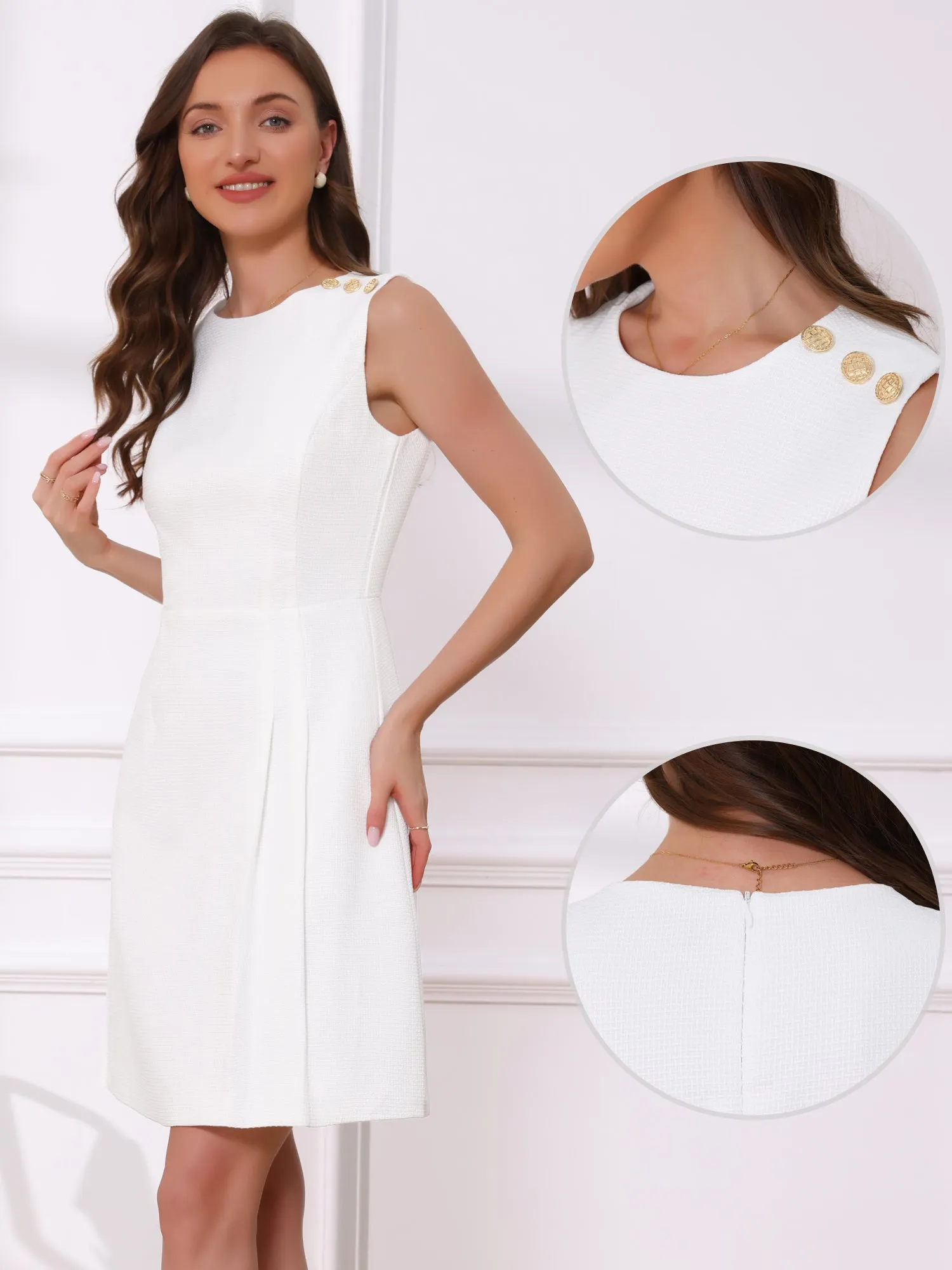 Tweed Sleeveless Crew Neck Side Pleated Knee Length A-line Dress sold by Allegra K product image thumbnail 3