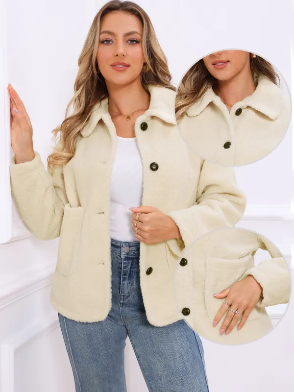 Collar Button Down Winter Warm Fuzzy Faux Fur Jacket sold by Allegra K