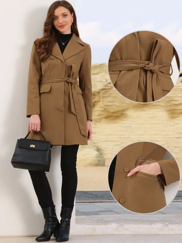 Lapel Collared Belted Lace-Up Long Sleeve Pea Coat made by Allegra K