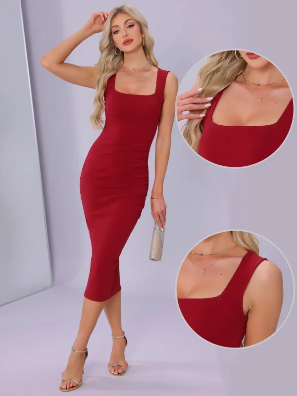 Sleeveless Square Neck Ruched Bodycon Party Midi Dress sold by Allegra K