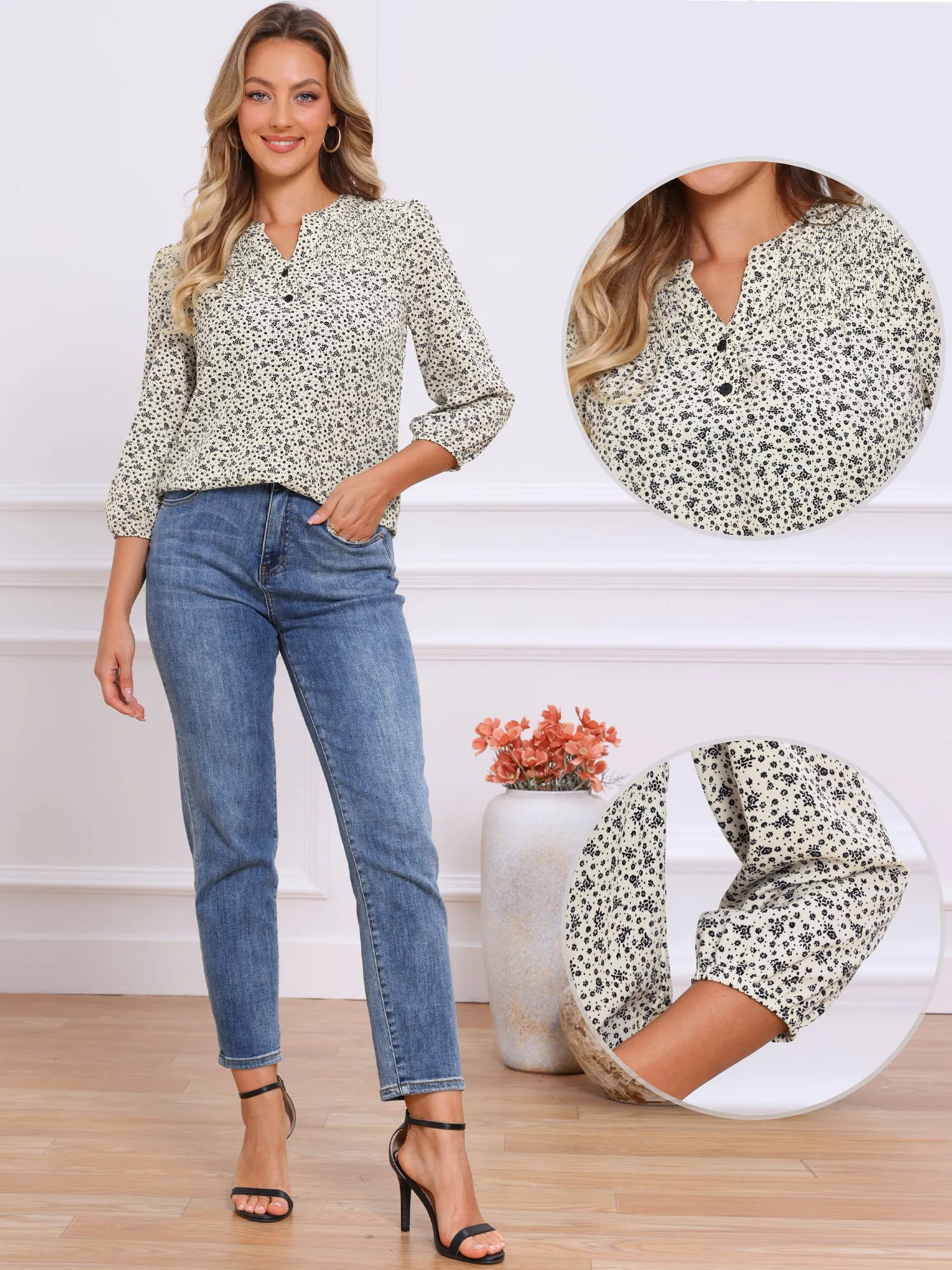 Button Notch Neck Floral 3/4 Sleeve Casual Blouse sold by Allegra K