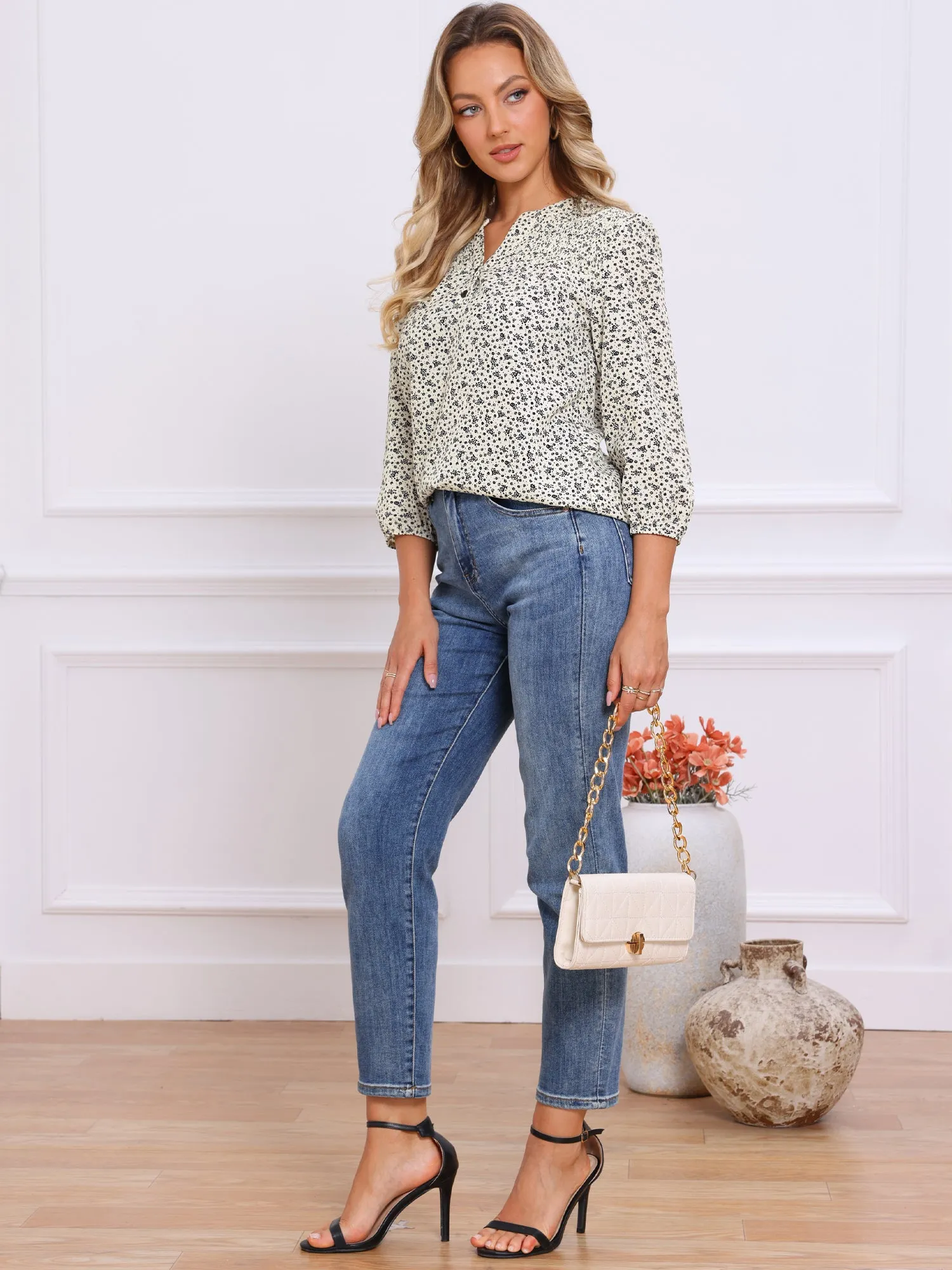 Button Notch Neck Floral 3/4 Sleeve Casual Blouse sold by Allegra K product image thumbnail 3