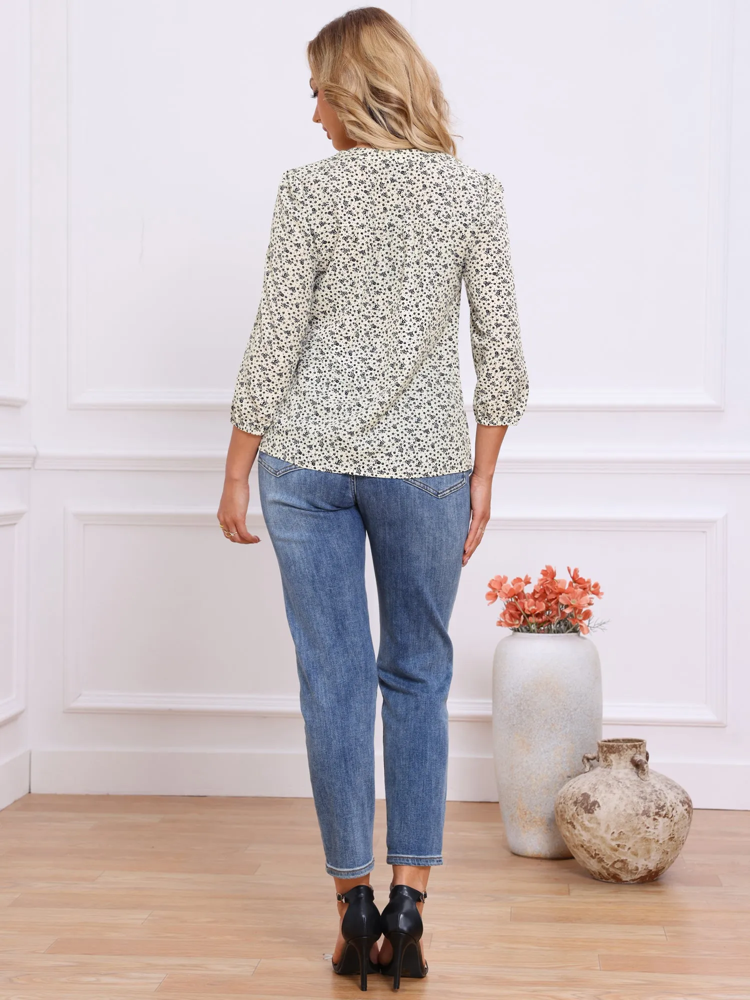 Button Notch Neck Floral 3/4 Sleeve Casual Blouse sold by Allegra K product image thumbnail 2