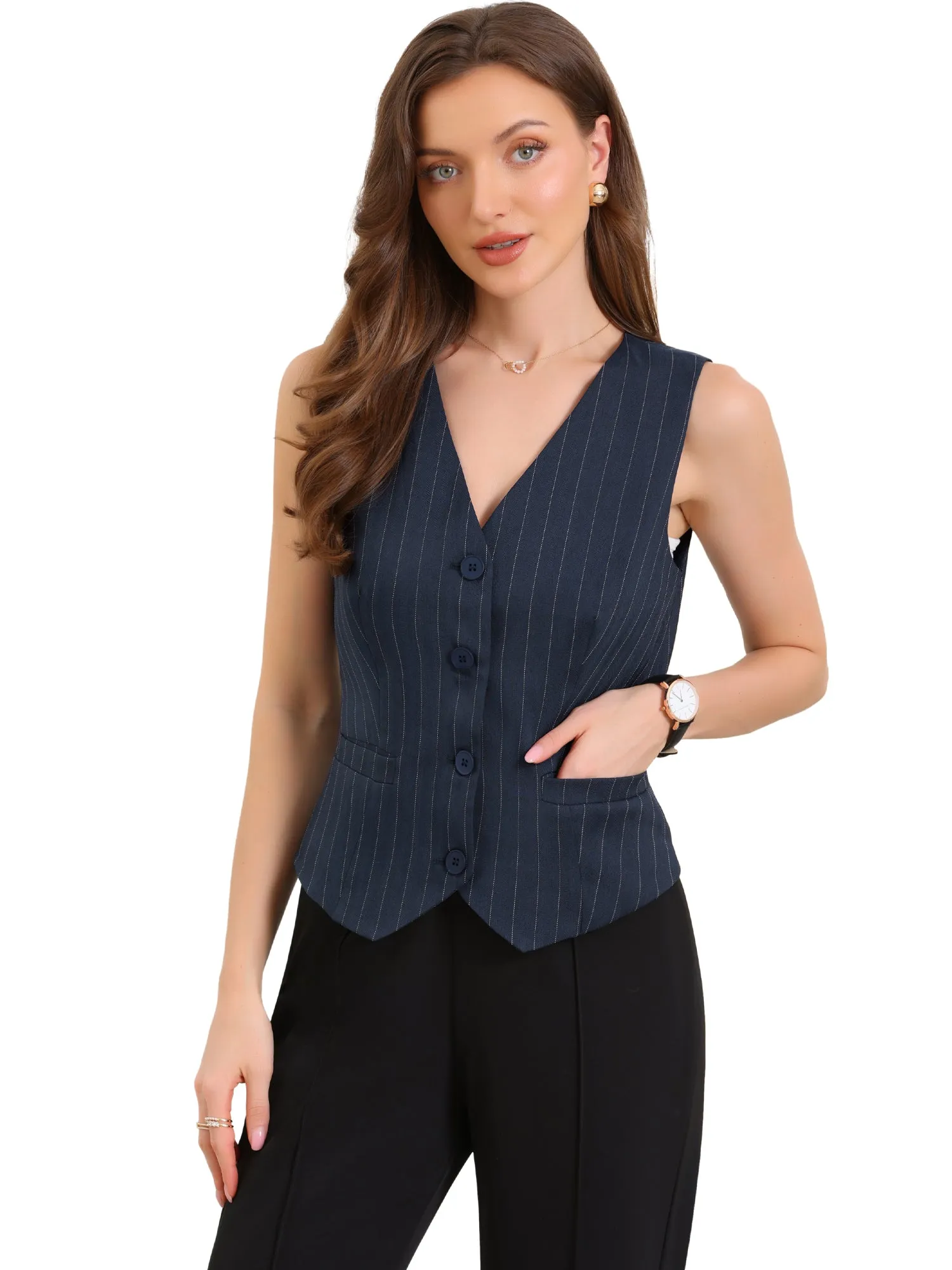 Striped V Neck Sleeveless Button Down Pocketed Fully Lined Waistcoat Vest sold by Allegra K product image thumbnail 5
