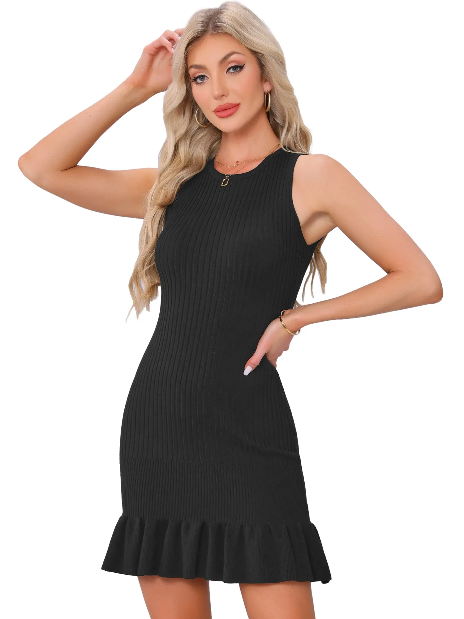 Ribbed Knitted Sleeveless Bodycon Ruffle Hem Sweater Dress sold by Allegra K product image thumbnail 4