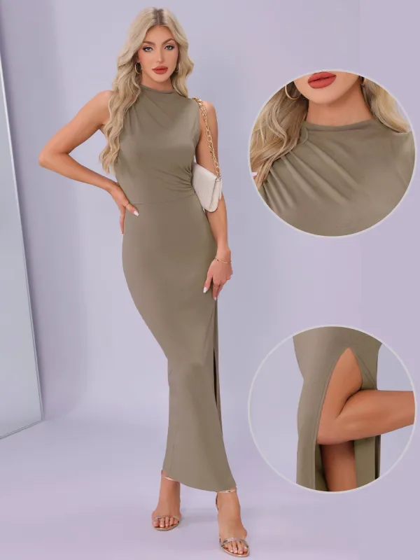 Mock Neck Ruched Side Slit Sleeveless Bodycon Maxi Dress sold by Allegra K