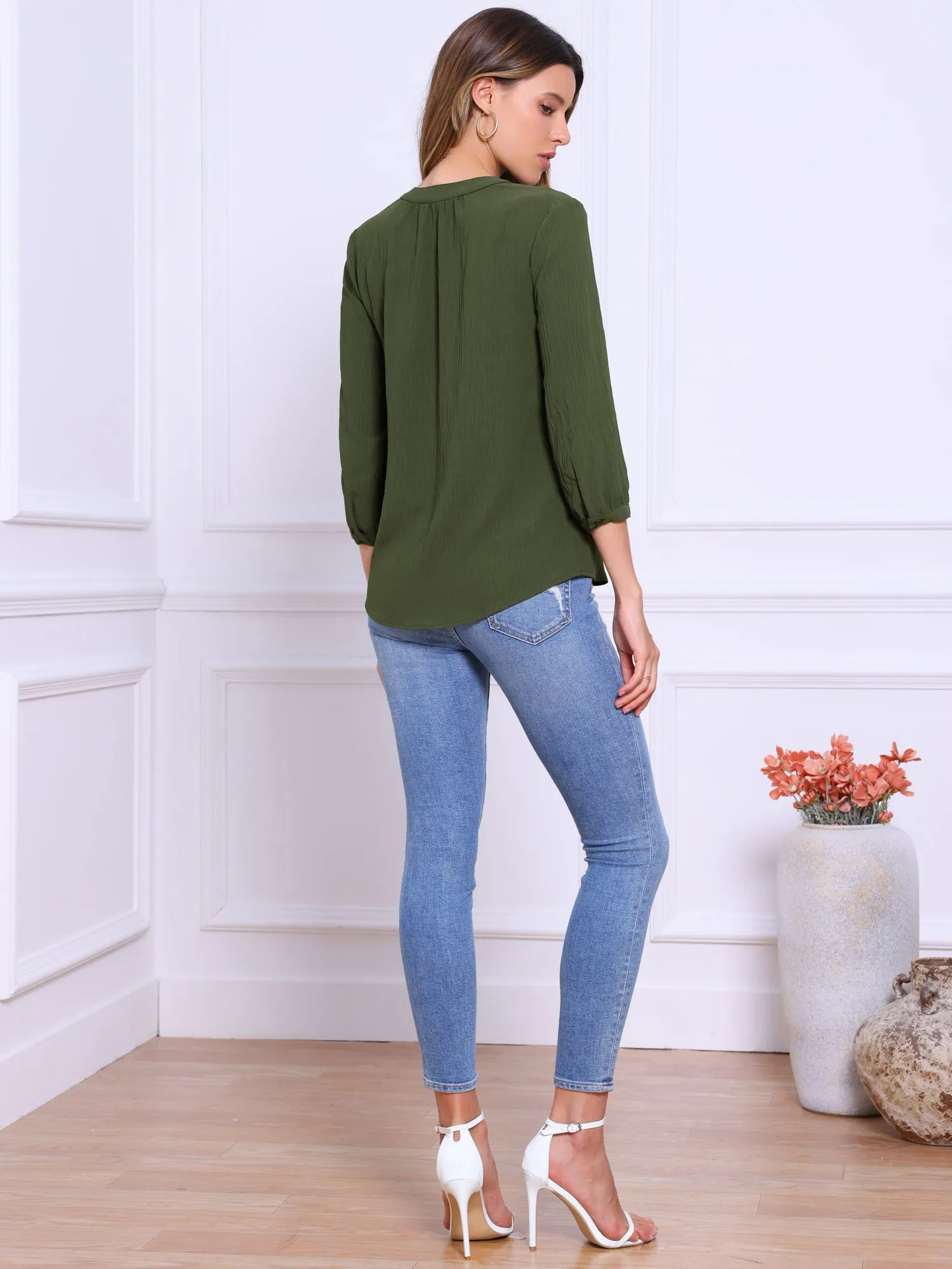 Buttoned Notch Neck 3/4 Sleeves Textured Blouse sold by Allegra K product image thumbnail 2