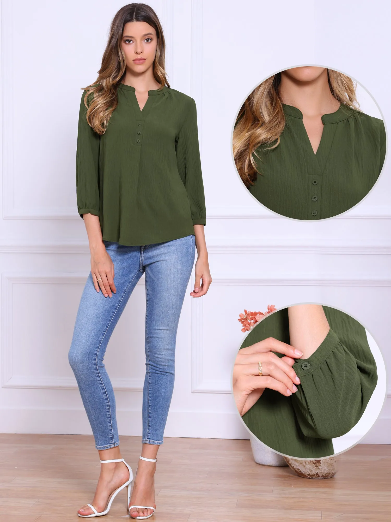 Buttoned Notch Neck 3/4 Sleeves Textured Blouse sold by Allegra K