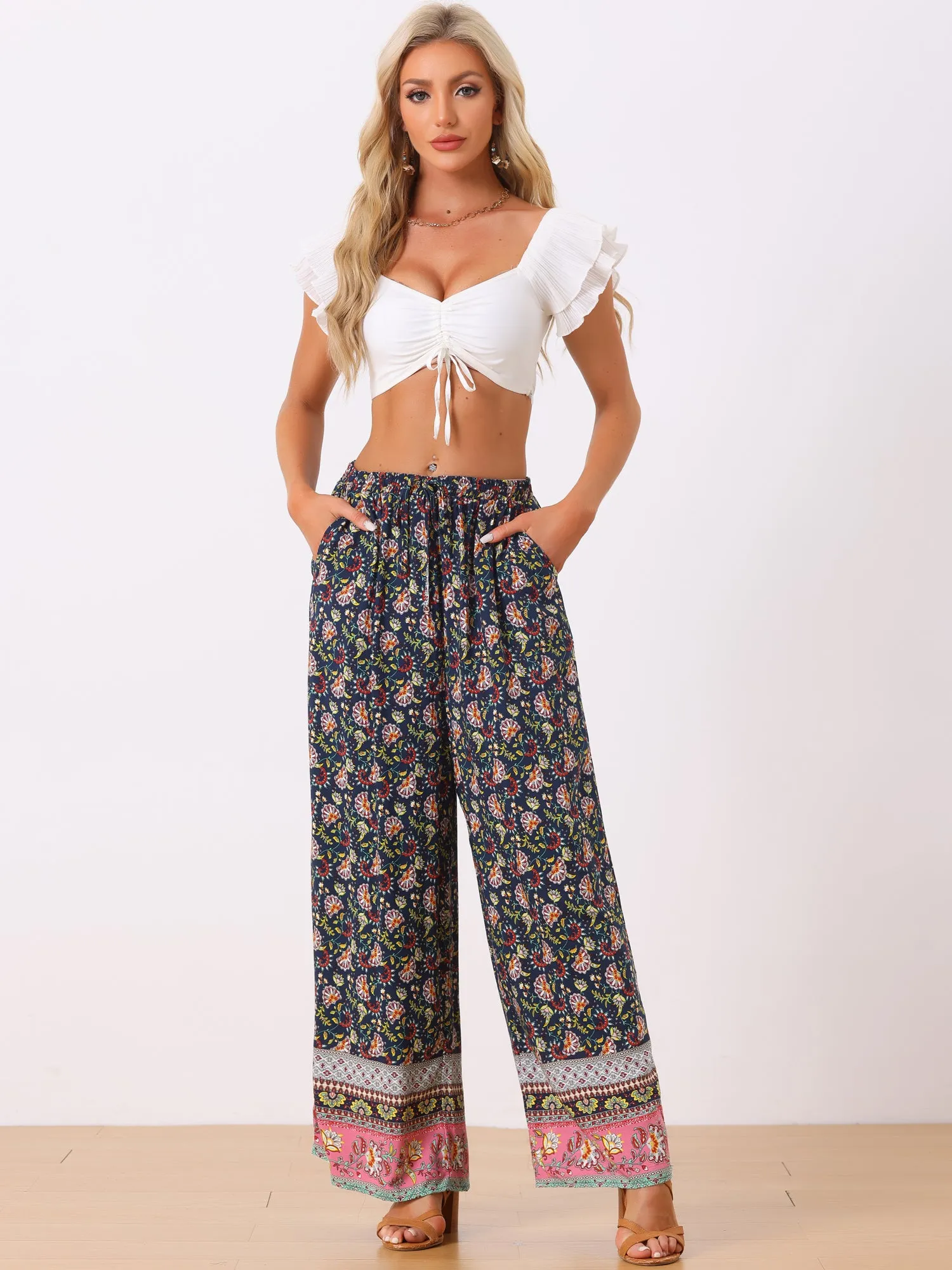 Boho Floral Beach Elastic Waist Palazzo Wide Leg Pockets Pants sold by Allegra K