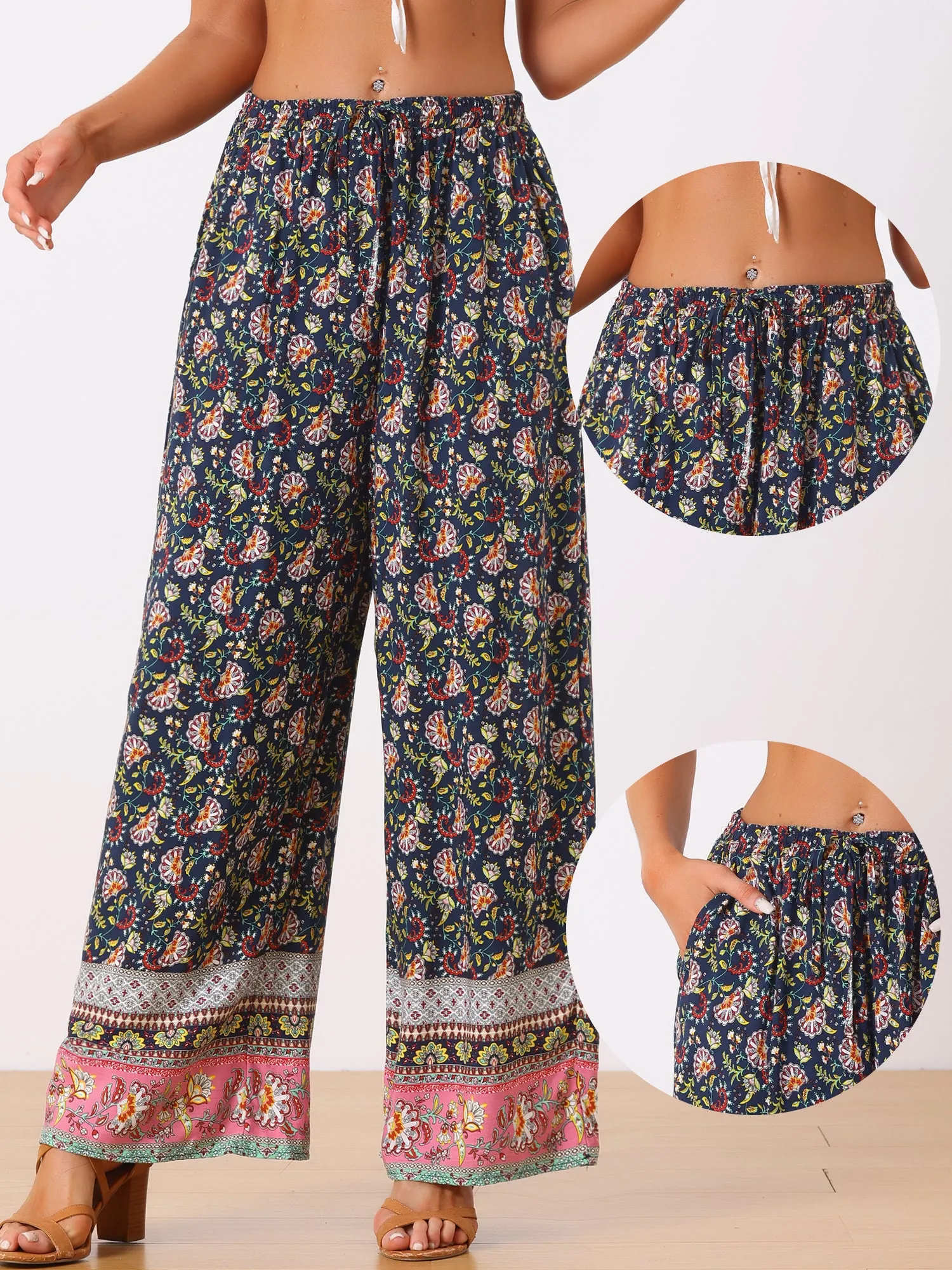 Boho Floral Beach Elastic Waist Palazzo Wide Leg Pockets Pants sold by Allegra K product image thumbnail 2