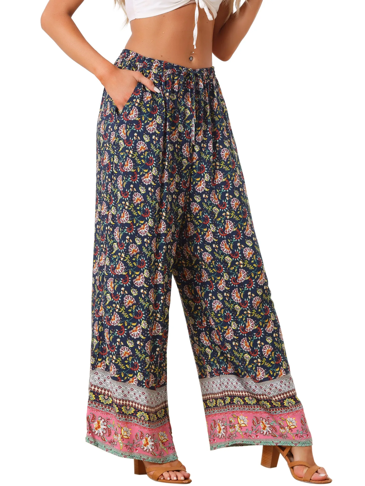 Boho Floral Beach Elastic Waist Palazzo Wide Leg Pockets Pants sold by Allegra K product image thumbnail 4