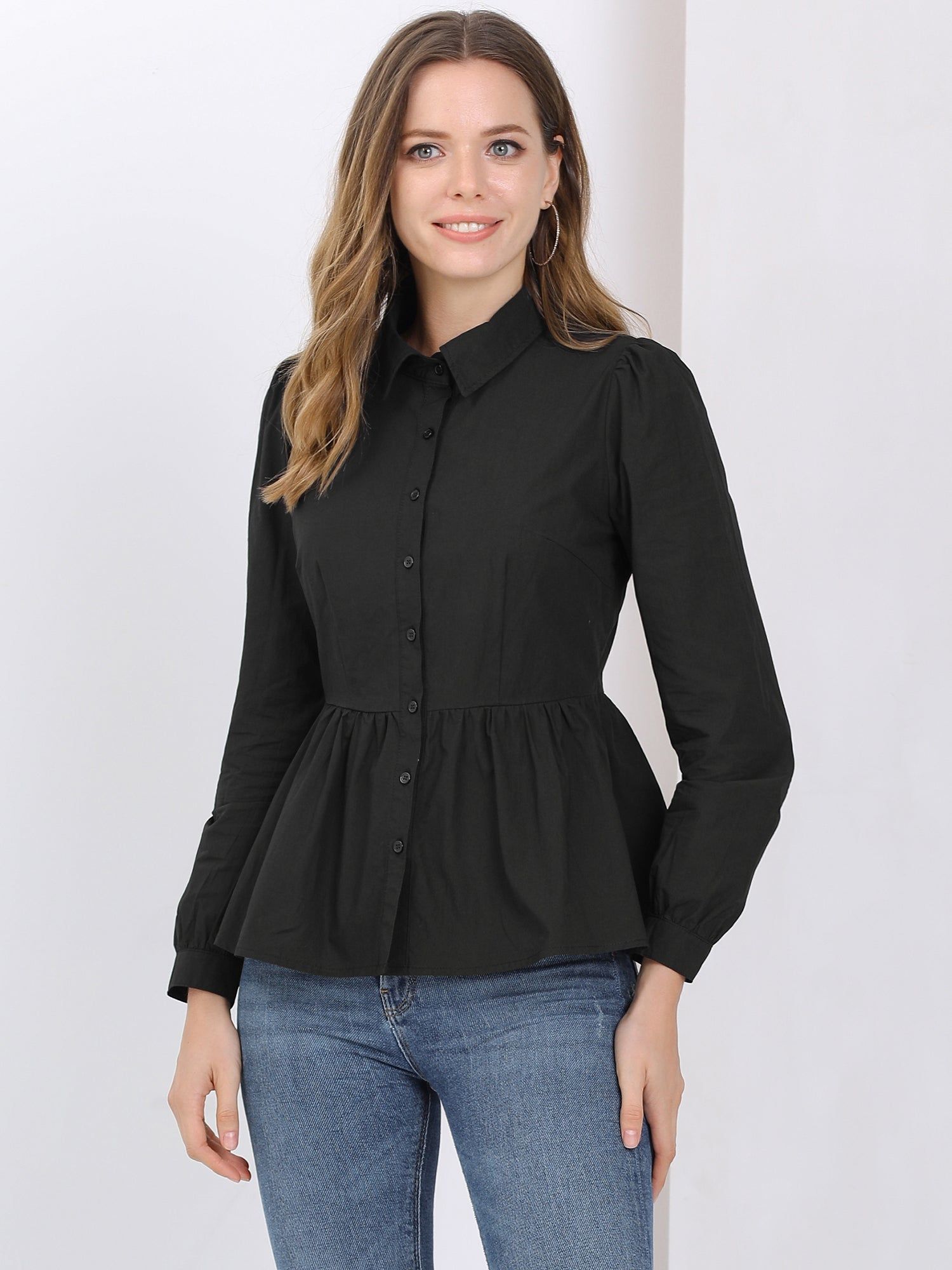 Cotton Button-Down Puff Long Sleeve Ruffle Peplum Work Office Shirt sold by Allegra K product image thumbnail 2