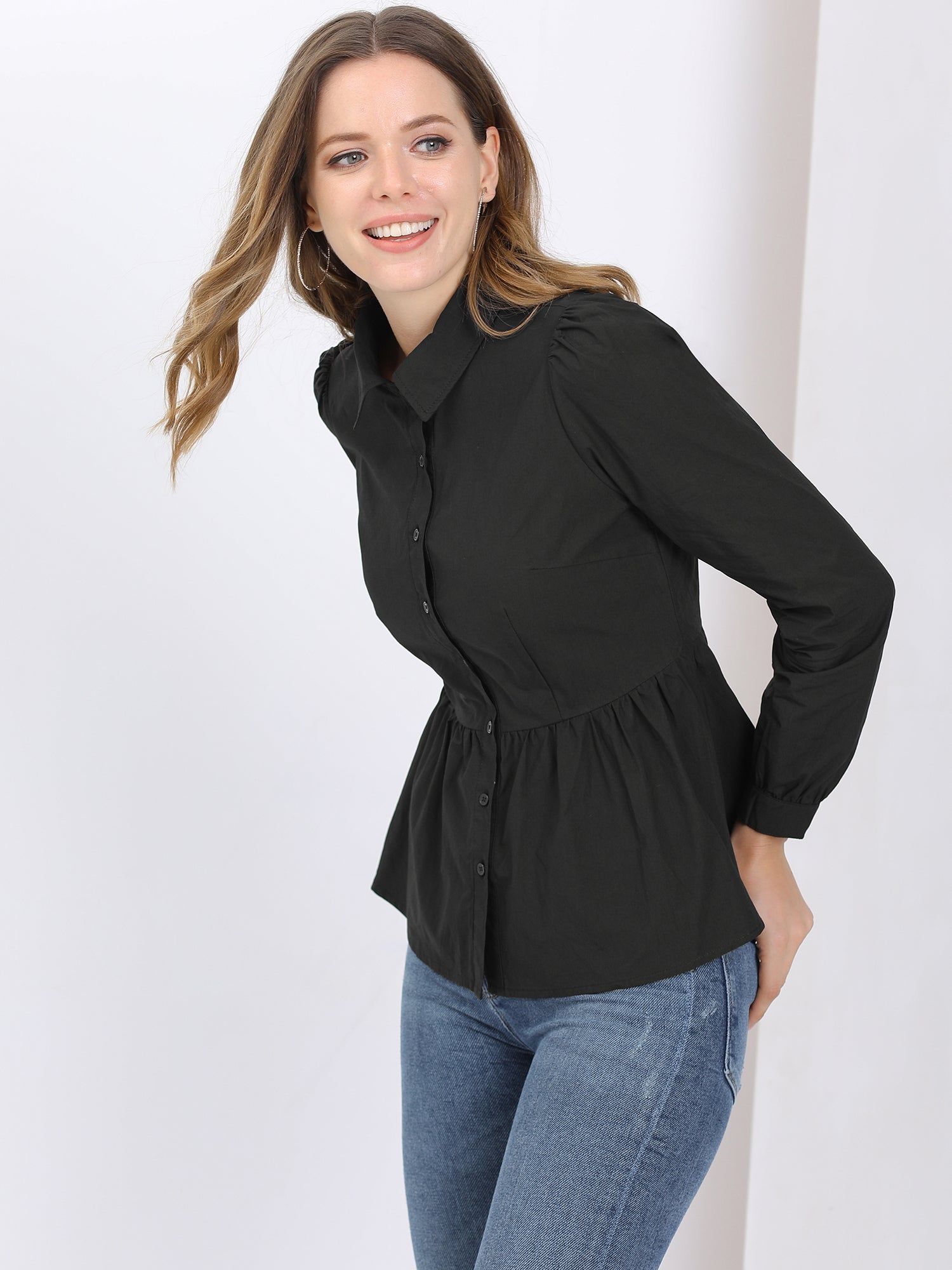 Cotton Button-Down Puff Long Sleeve Ruffle Peplum Work Office Shirt sold by Allegra K