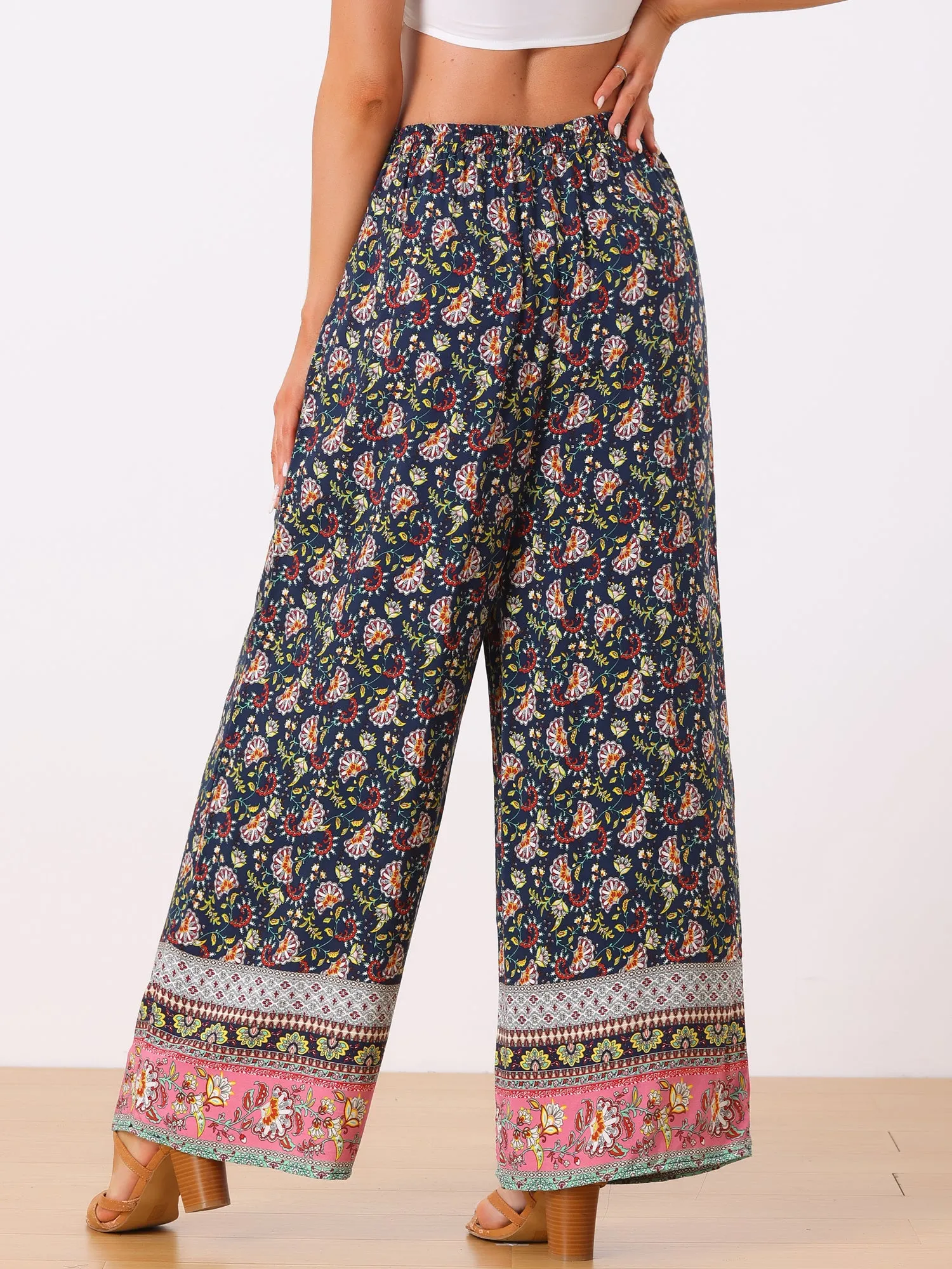 Boho Floral Beach Elastic Waist Palazzo Wide Leg Pockets Pants sold by Allegra K product image thumbnail 3