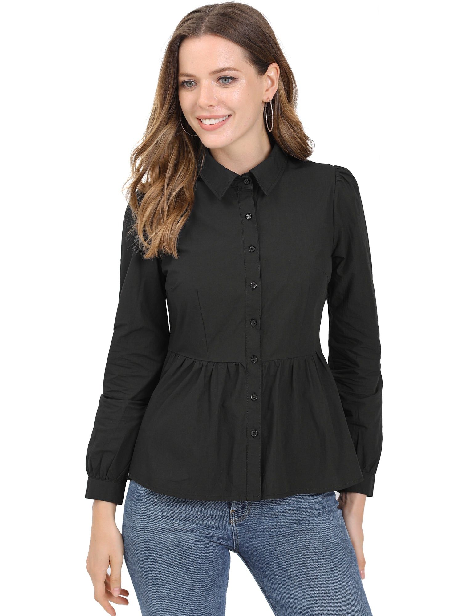 Cotton Button-Down Puff Long Sleeve Ruffle Peplum Work Office Shirt sold by Allegra K product image thumbnail 3