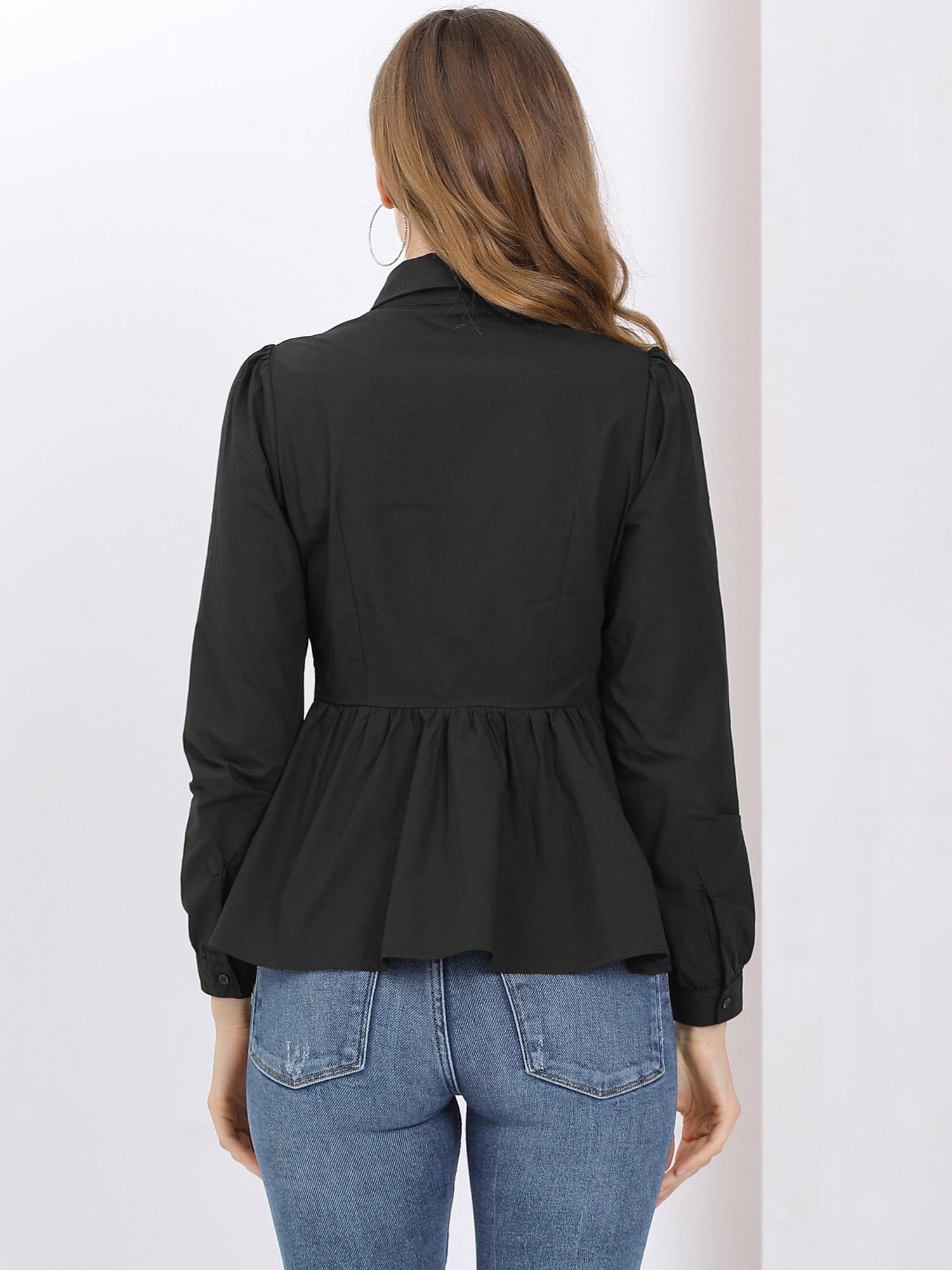 Cotton Button-Down Puff Long Sleeve Ruffle Peplum Work Office Shirt sold by Allegra K product image thumbnail 4