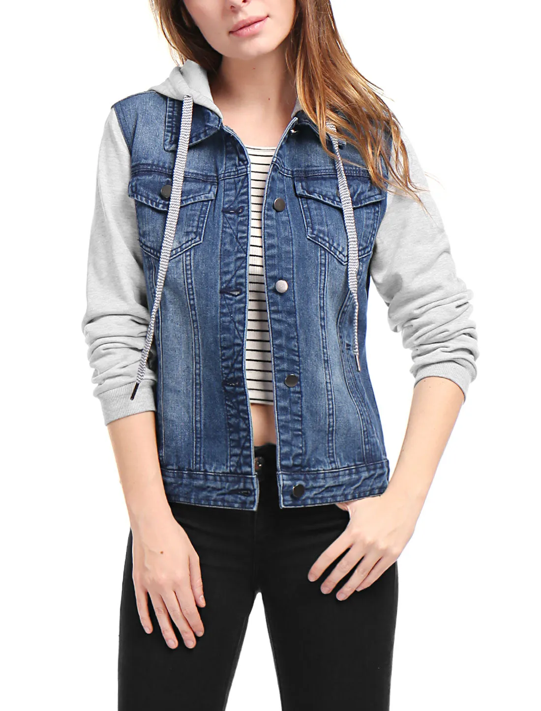 Casual Layered Drawstring Pockets Hood Denim Jacket sold by Allegra K product image thumbnail 4