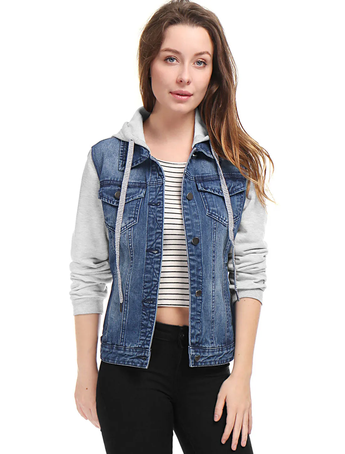Casual Layered Drawstring Pockets Hood Denim Jacket sold by Allegra K