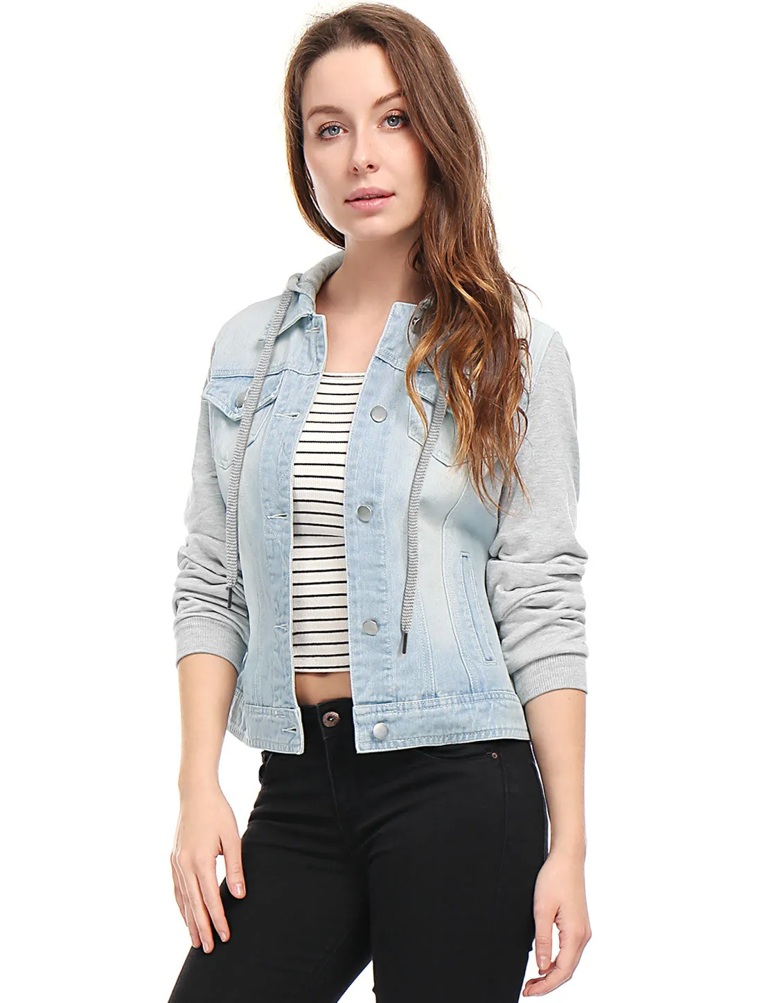 Casual Layered Drawstring Pockets Hood Denim Jacket sold by Allegra K product image thumbnail 5