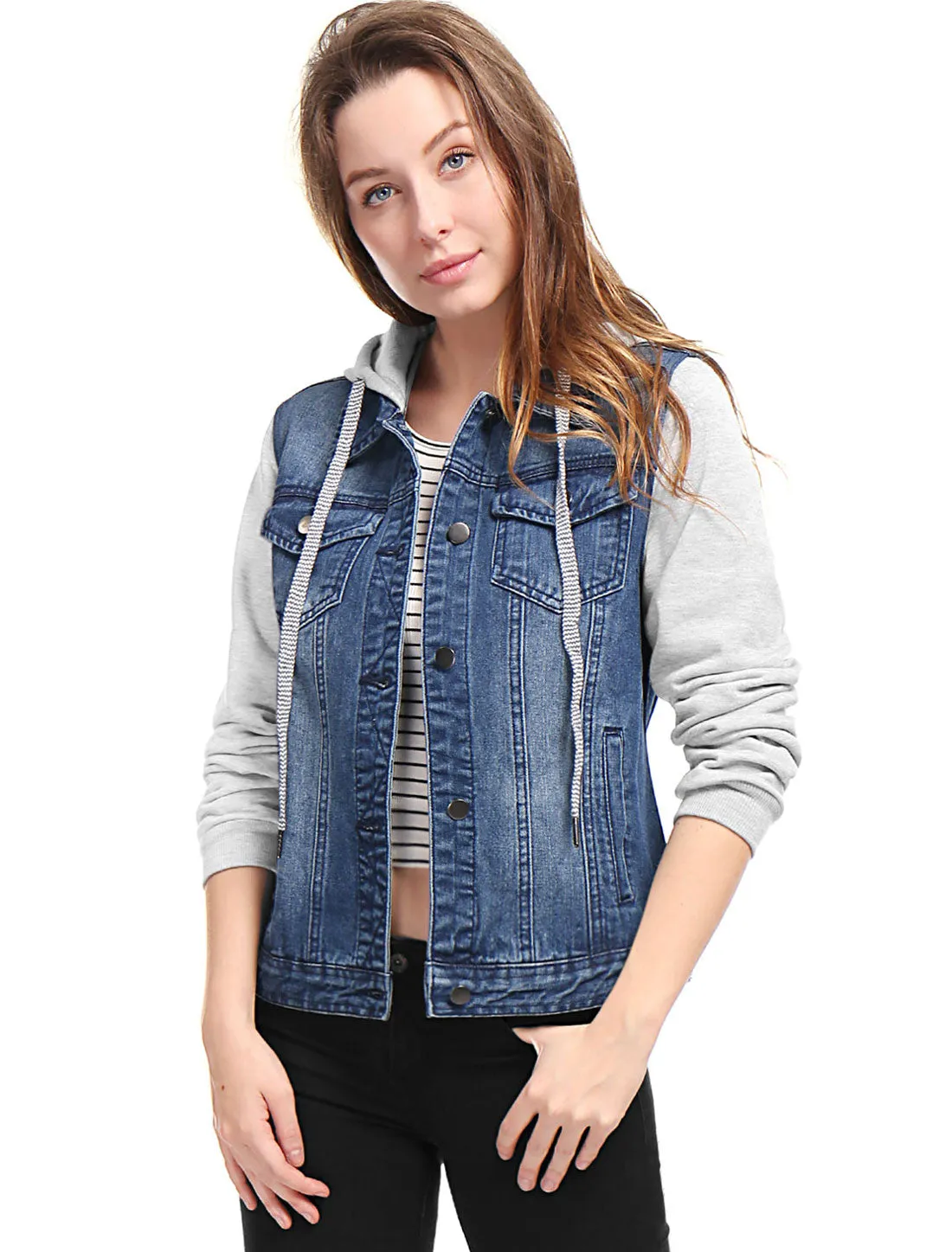 Casual Layered Drawstring Pockets Hood Denim Jacket sold by Allegra K product image thumbnail 2