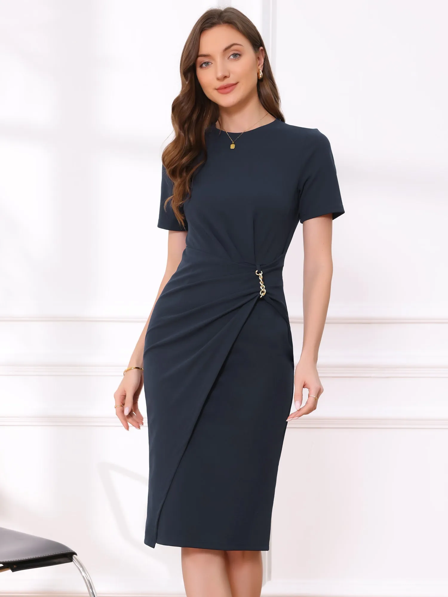 Short Sleeve Crew Neck Midi Sheath Work Dress sold by Allegra K