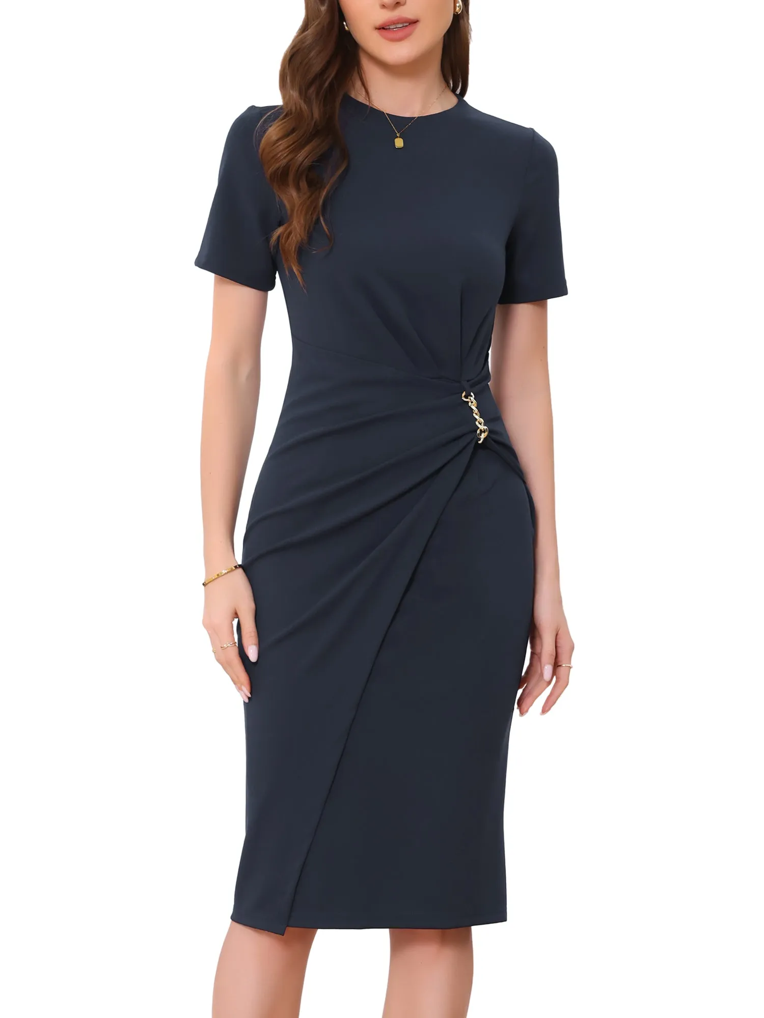 Short Sleeve Crew Neck Midi Sheath Work Dress sold by Allegra K product image thumbnail 4