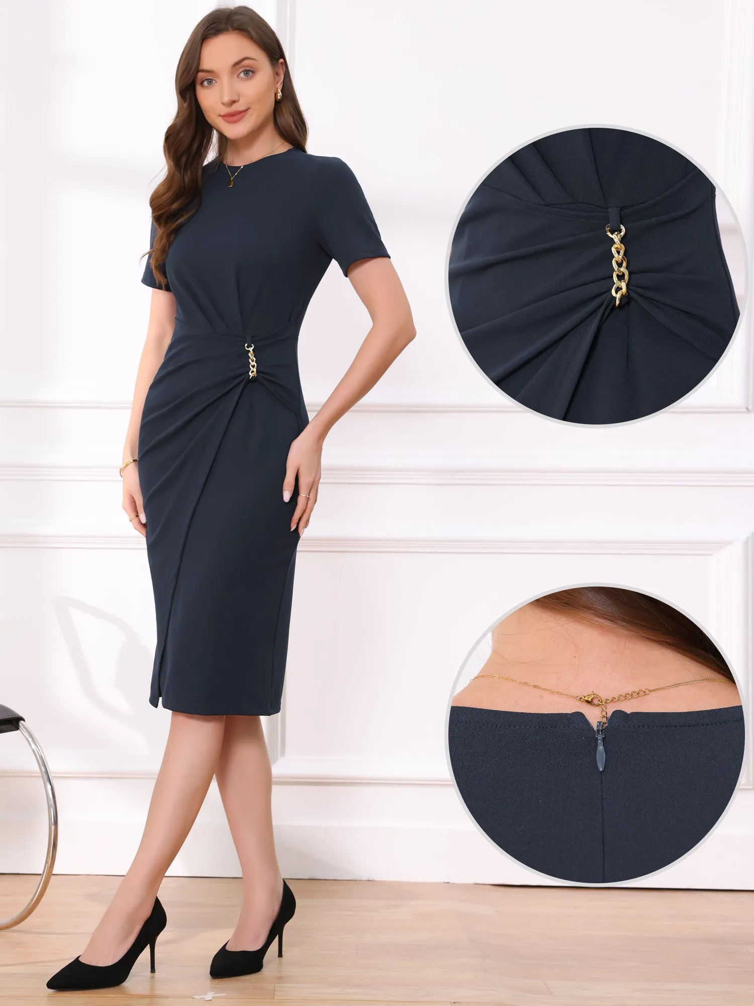 Short Sleeve Crew Neck Midi Sheath Work Dress sold by Allegra K product image thumbnail 3