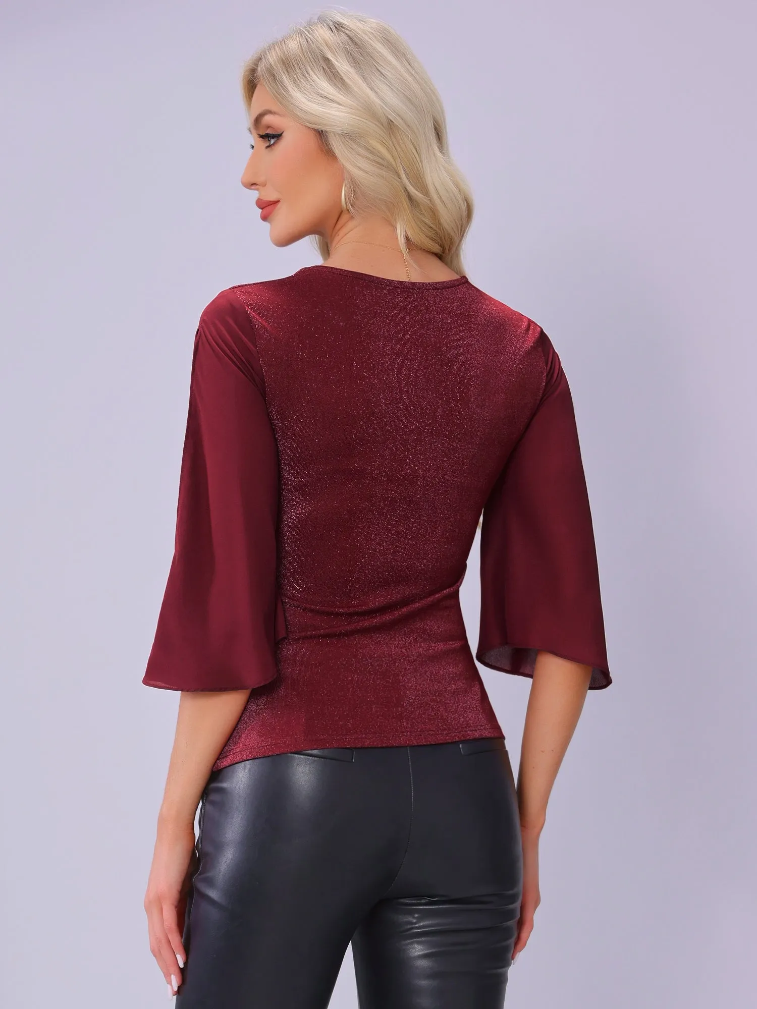 V Neck Split Sleeve Sparkly Casual Tops sold by Allegra K product image thumbnail 2