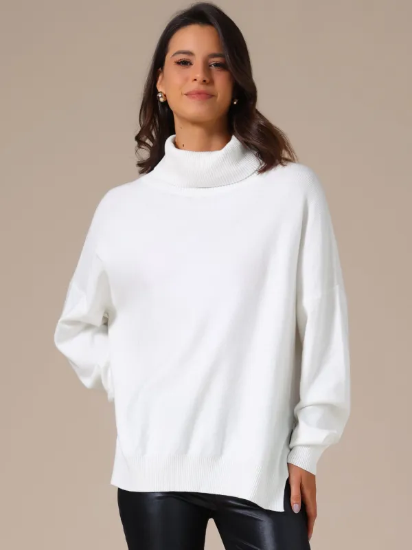 Turtle Neck Pullover Drop Shoulder Side Slit Sweater sold by Allegra K