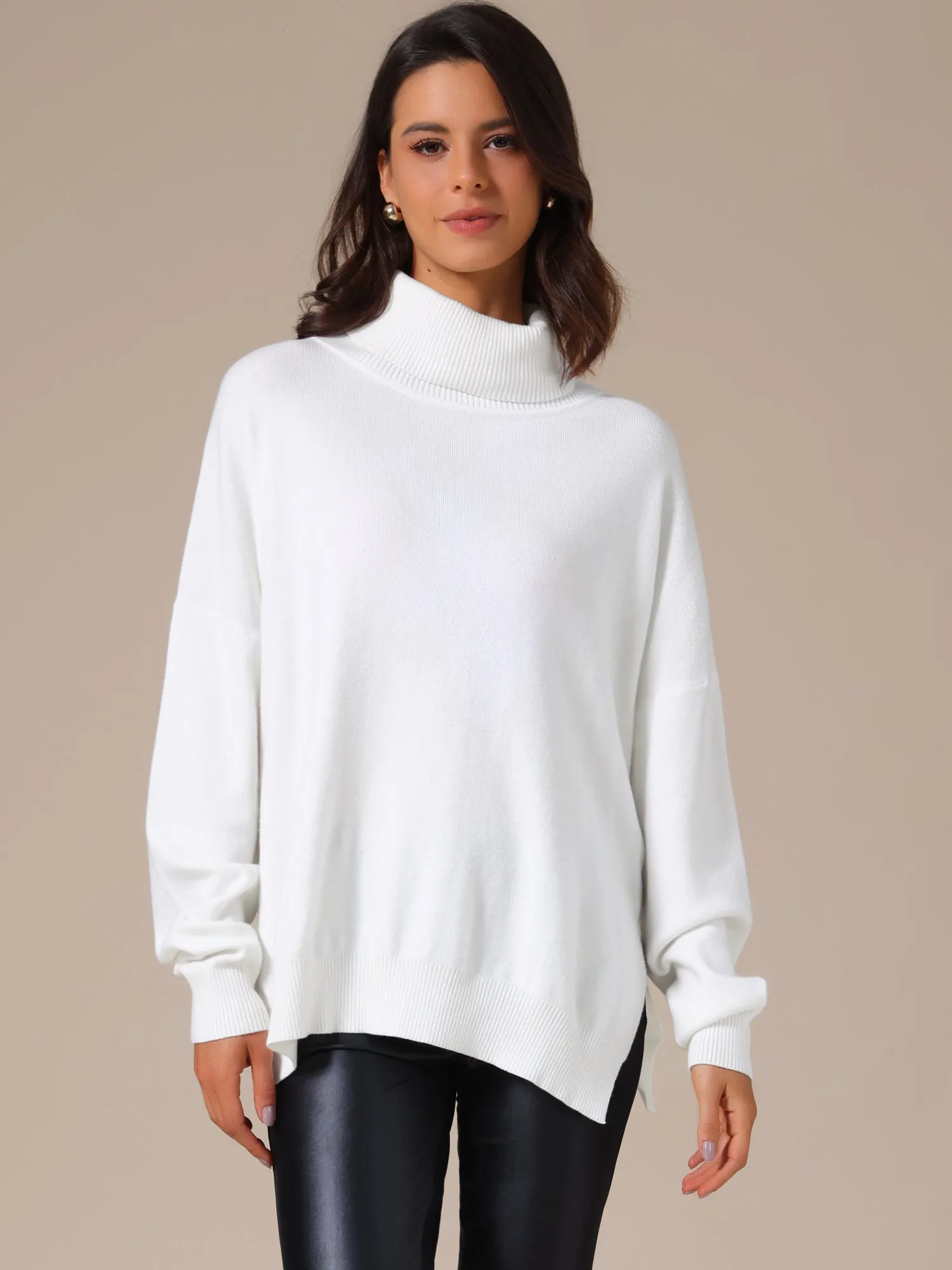 Turtle Neck Pullover Drop Shoulder Side Slit Sweater sold by Allegra K product image thumbnail 3