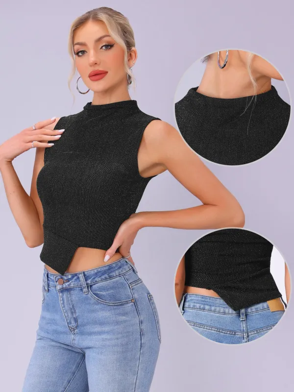 Glitter Mock Neck Sleeveless Asymmetrical Hem Top sold by Allegra K