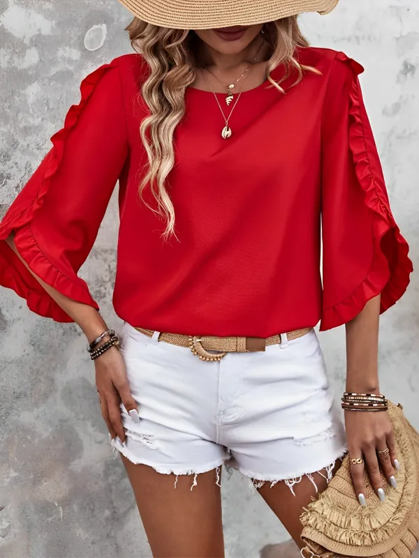 Round Neck Ruffled 3/4 Sleeve Solid Color Blouse sold by Allegra K