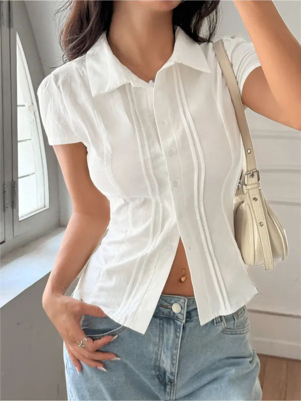 Collared Button Down Solid Color Short Sleeves Blouse sold by Allegra K