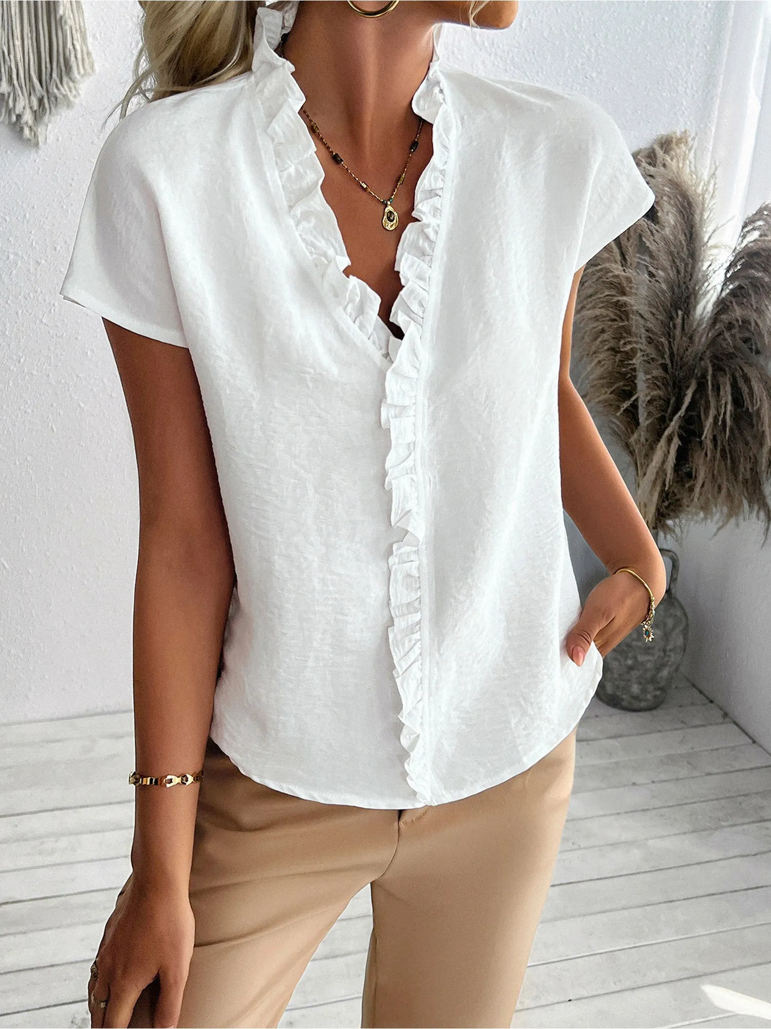 Casual Simple Ruffled Short Sleeves Blouse sold by Allegra K product image thumbnail 3