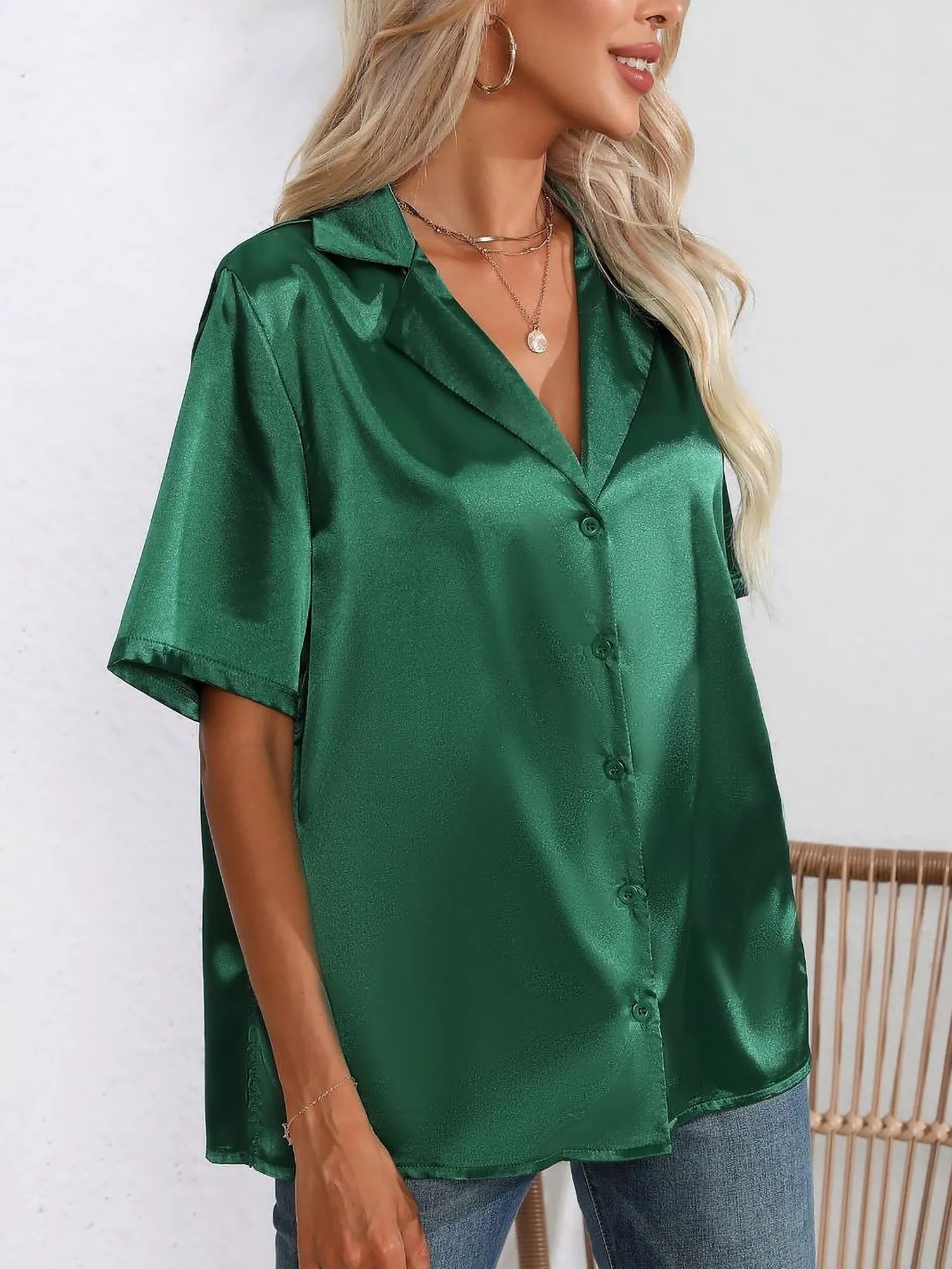 Turn Down Collar Satin Short Sleeve Blouse sold by Allegra K product image thumbnail 5