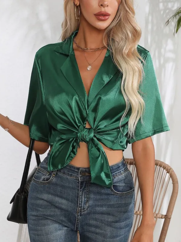Turn Down Collar Satin Short Sleeve Blouse sold by Allegra K