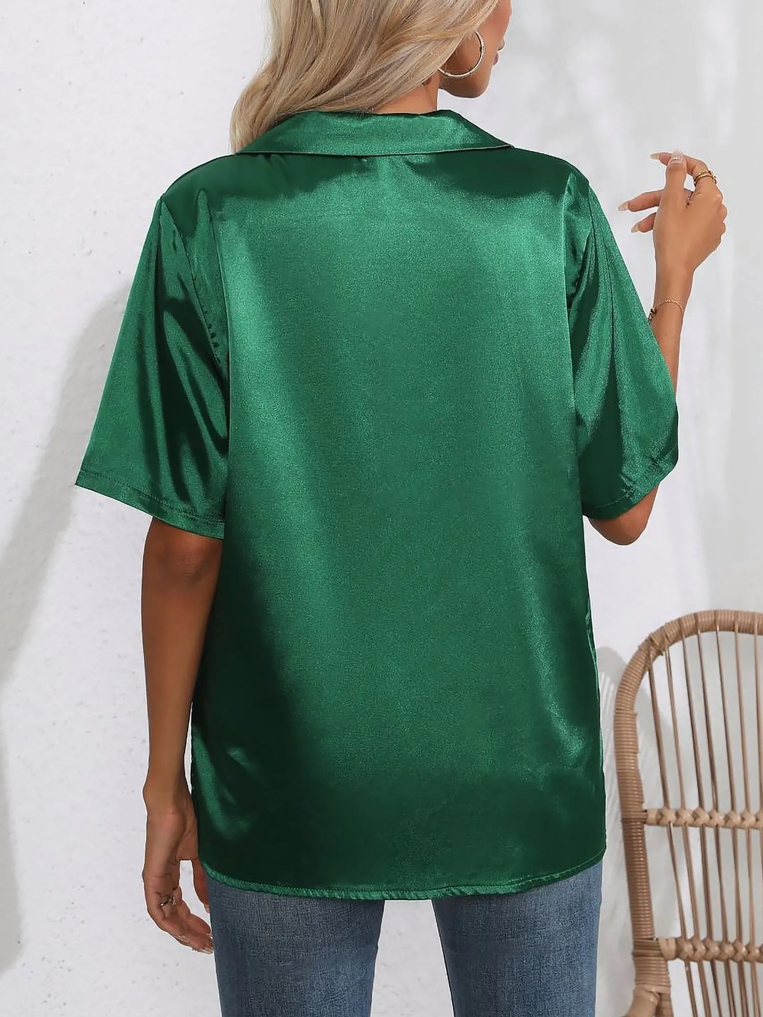 Turn Down Collar Satin Short Sleeve Blouse sold by Allegra K product image thumbnail 4