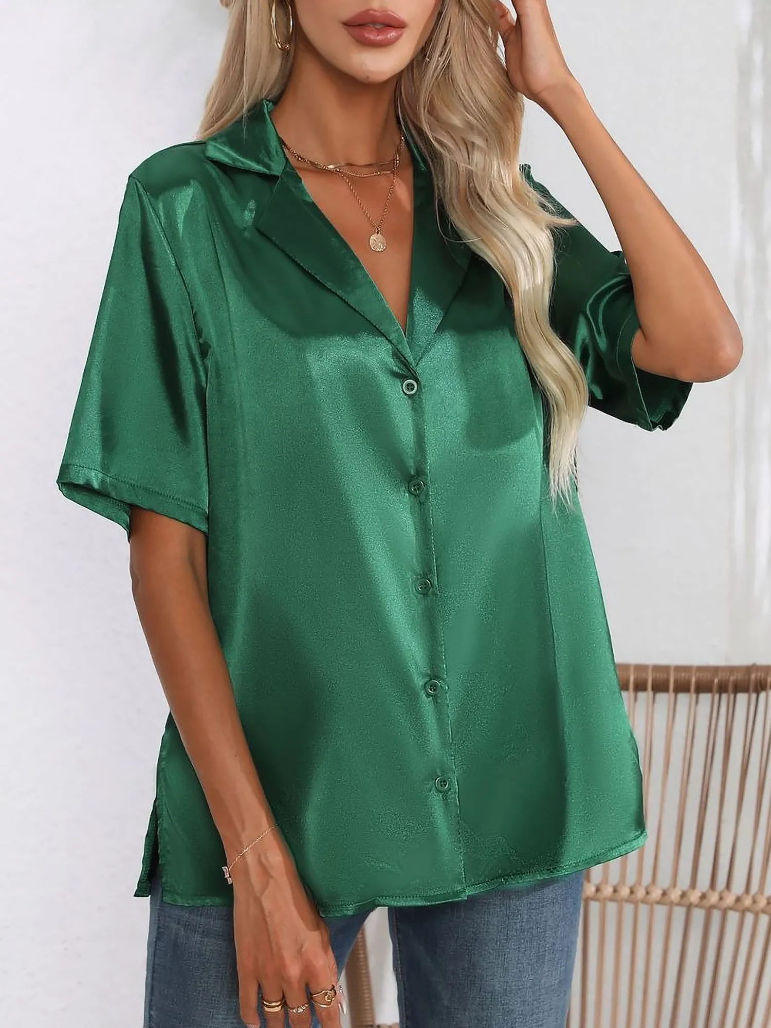 Turn Down Collar Satin Short Sleeve Blouse sold by Allegra K product image thumbnail 3