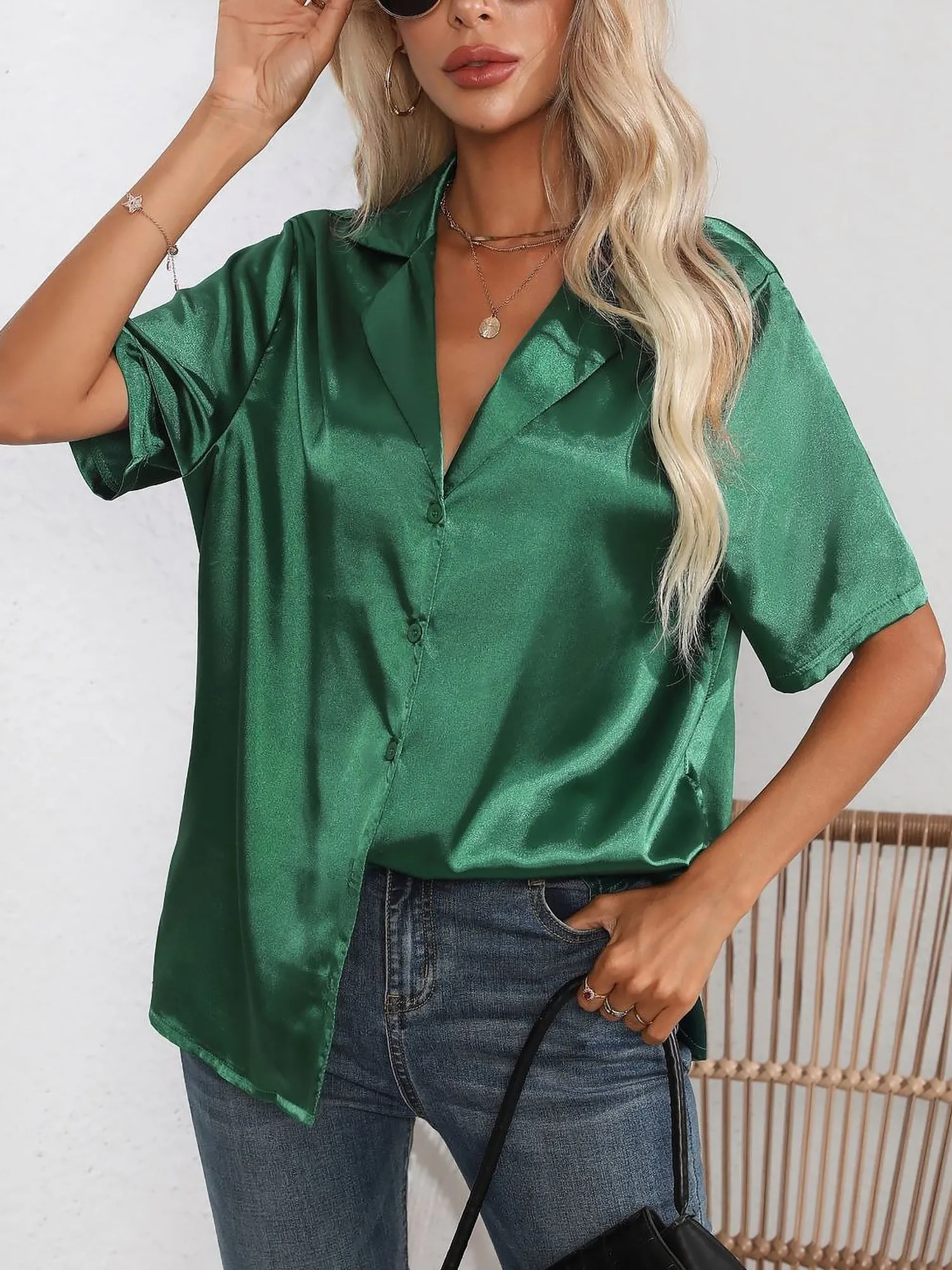 Turn Down Collar Satin Short Sleeve Blouse sold by Allegra K product image thumbnail 2