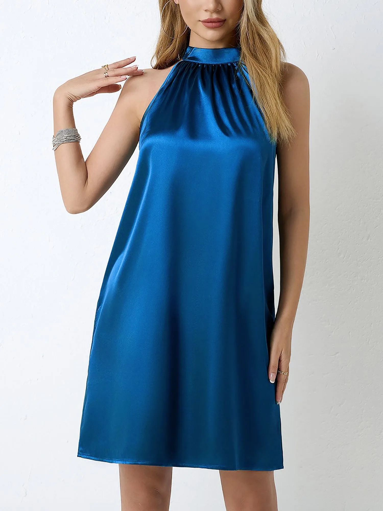 Satin Halter Neck Sleeveless Solid Color Mini Dress sold by Allegra K product image thumbnail 4