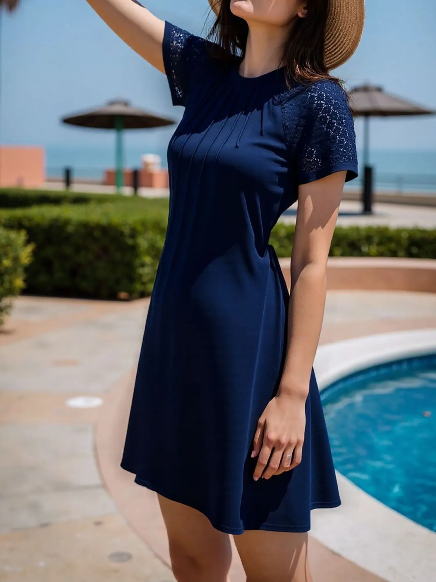 Solid Color Lace Short Sleeve Round Neck Midi Dress sold by Allegra K