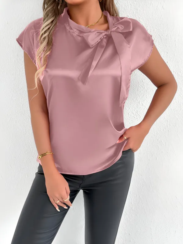 Satin Tie Neck Cap Sleeves Solid Color Blouse sold by Allegra K