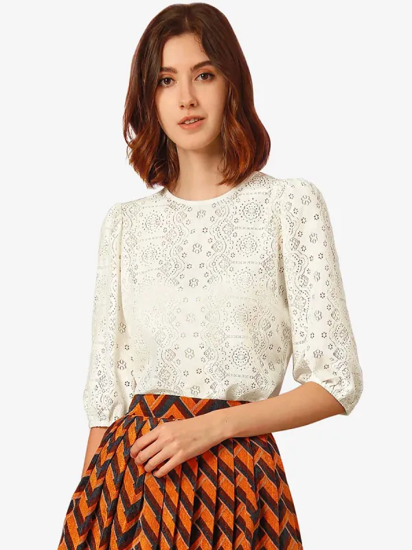 Sheer Puff Sleeve Retro Embroidery Tops Lace Blouse sold by Allegra K