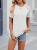 Solid Color Round Neck Lace Short Sleeve Pleated Blouse sold by Allegra K
