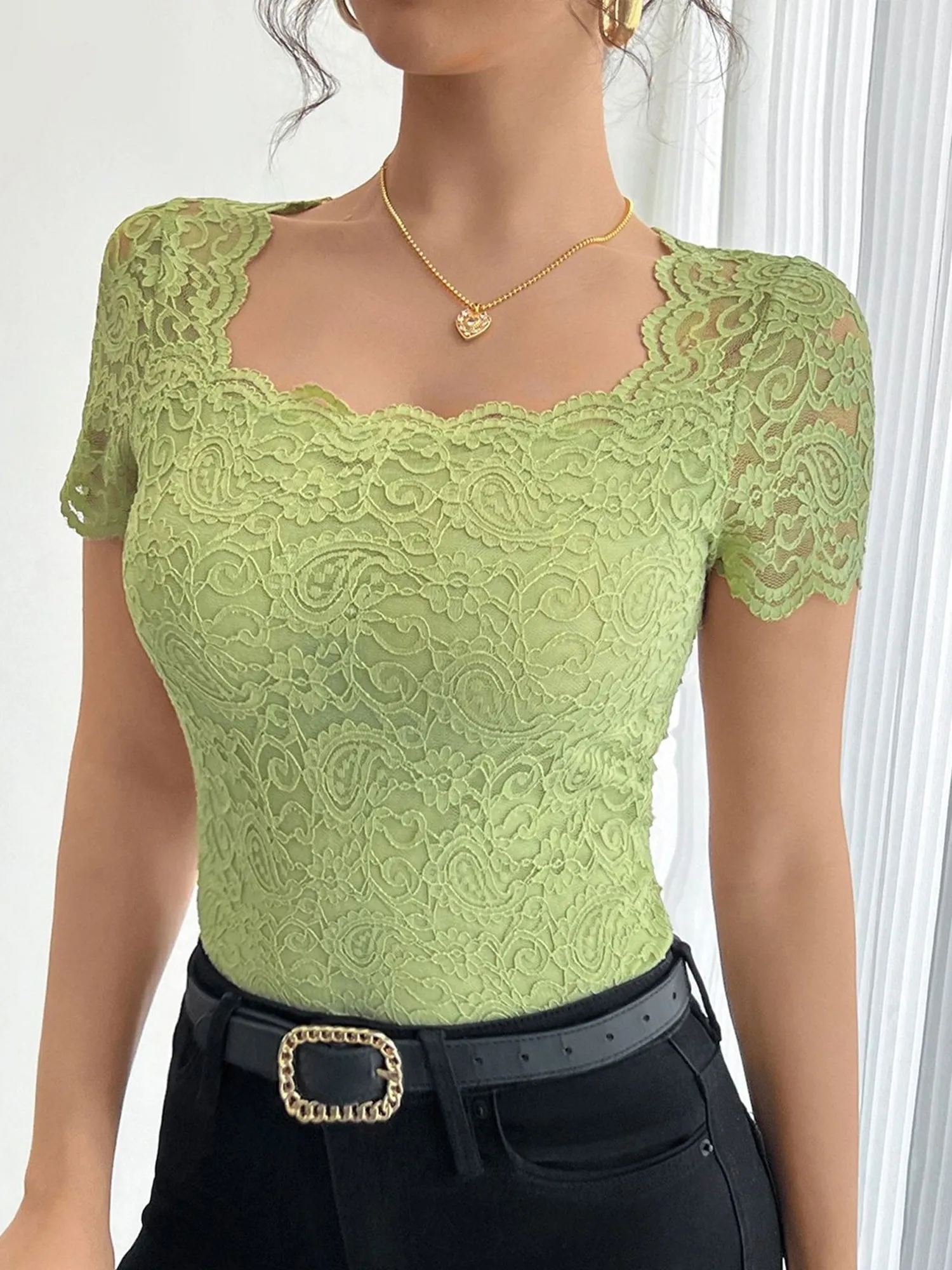 Solid Color Lace Square Neck Short Sleeve Blouse sold by Allegra K product image thumbnail 3