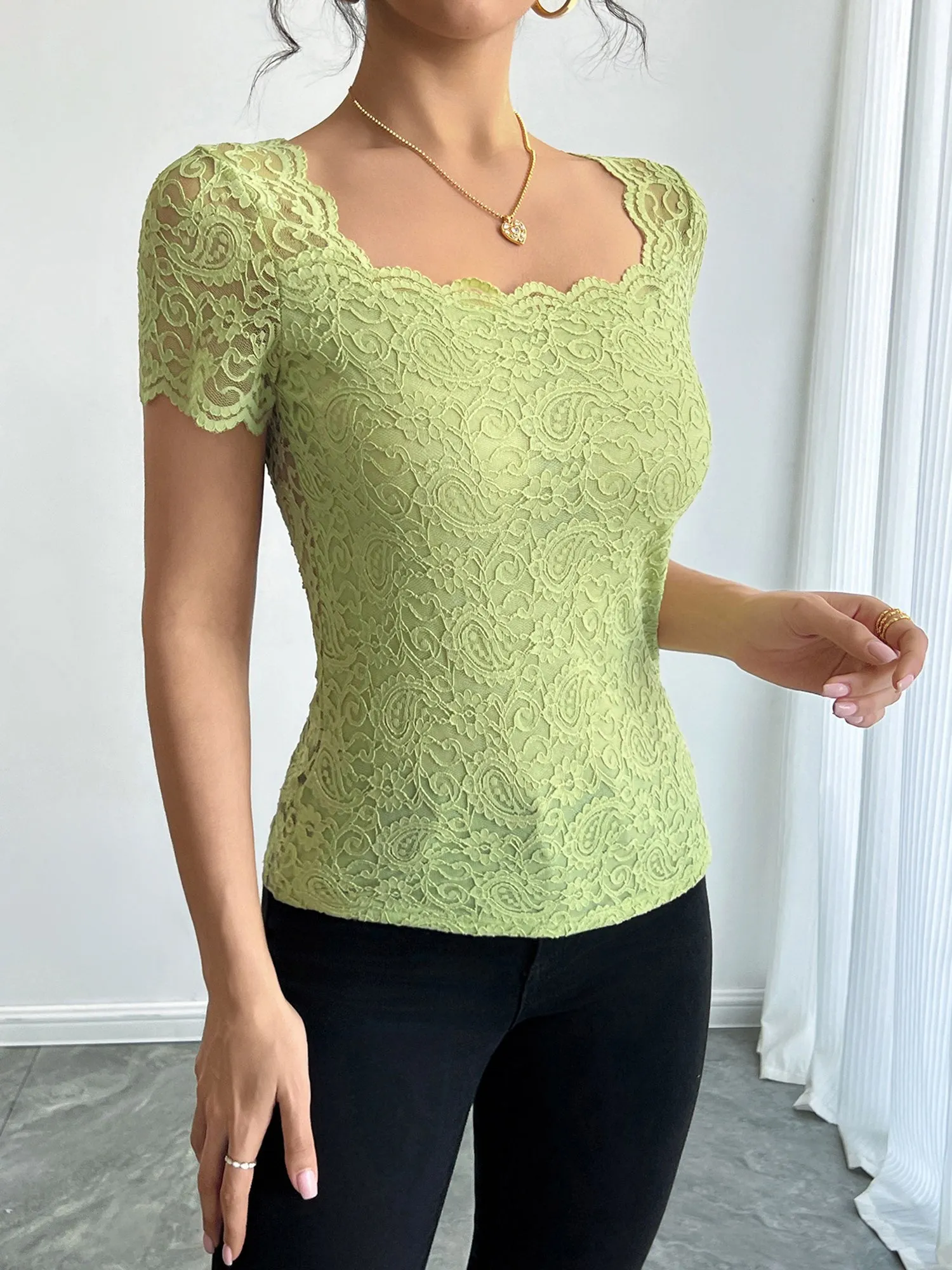 Solid Color Lace Square Neck Short Sleeve Blouse sold by Allegra K