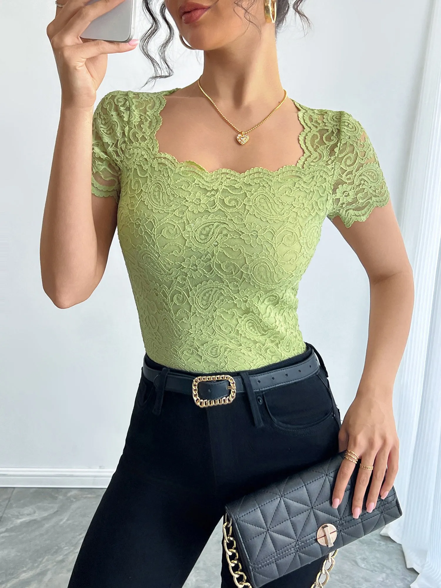 Solid Color Lace Square Neck Short Sleeve Blouse sold by Allegra K product image thumbnail 4