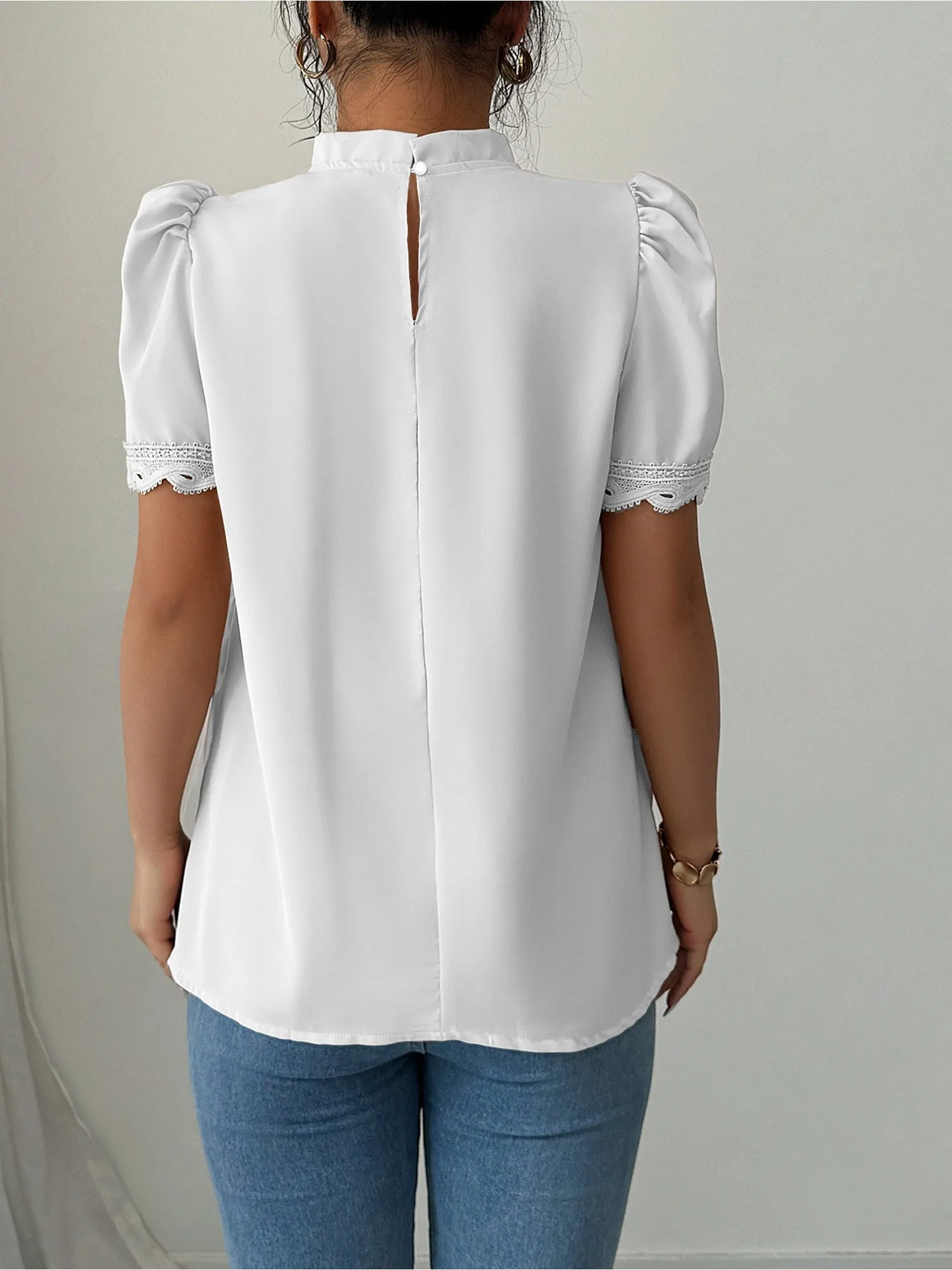 Mock Neck Puff Sleeve Solid Color Pleated Blouse sold by Allegra K product image thumbnail 2